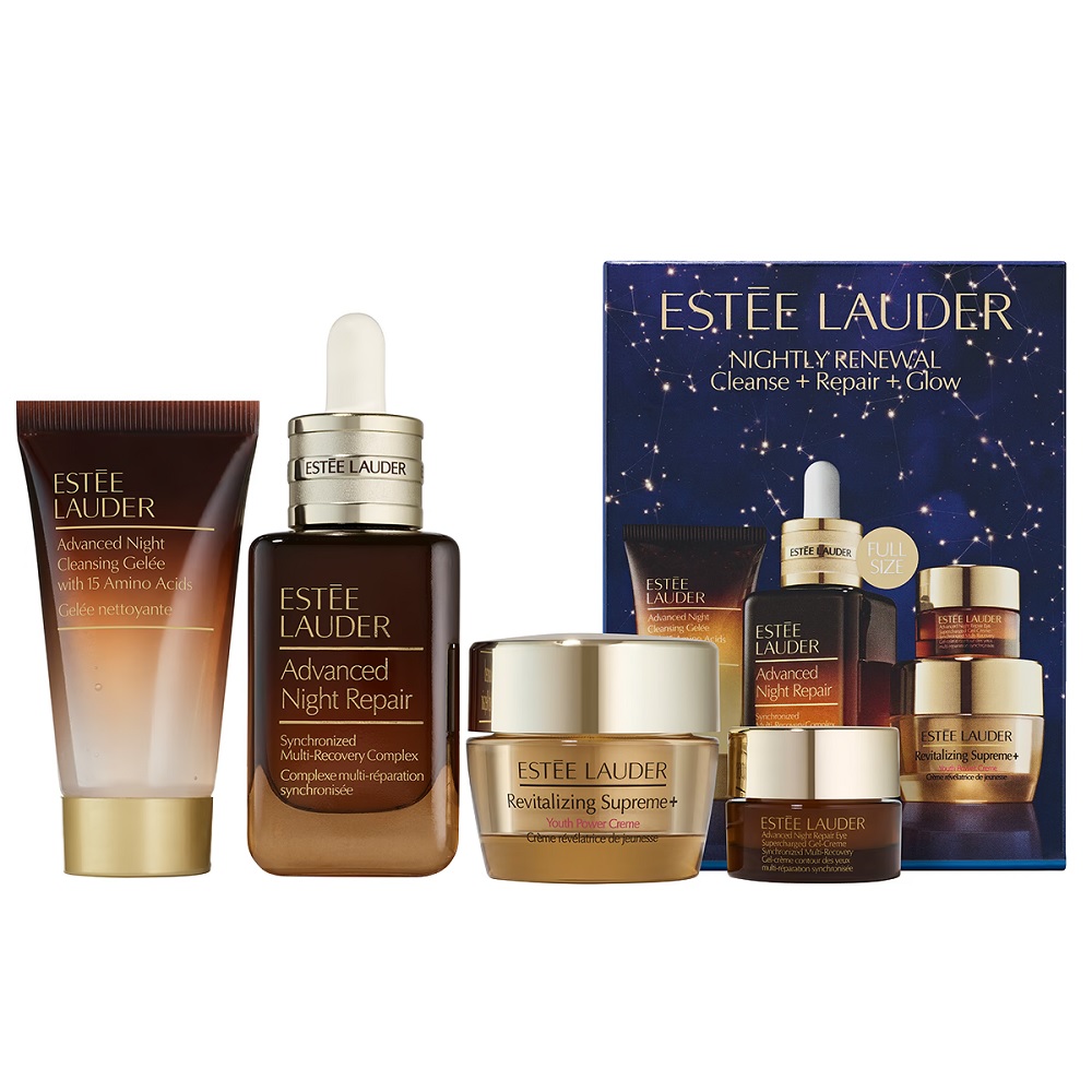 Nightly Renewal Set: Nighttime Facial Cleansing Gel + Repairing Serum + Revitalizing Face Cream + Eye Cream